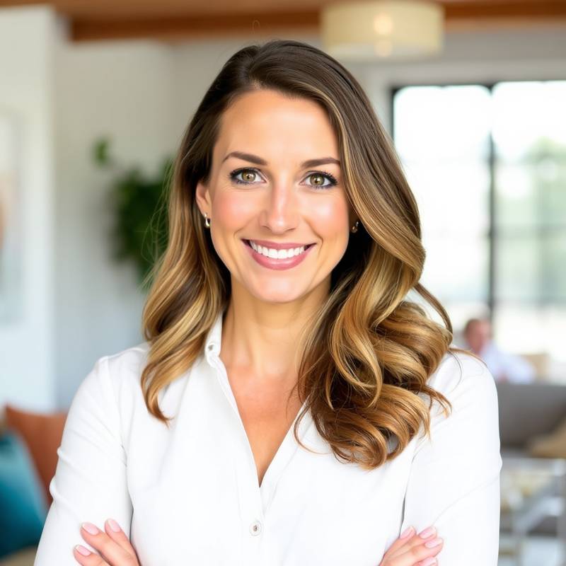 Amelia Stone, Co-founder and Lead Designer of ArtSpace Interiors, smiling confidently.