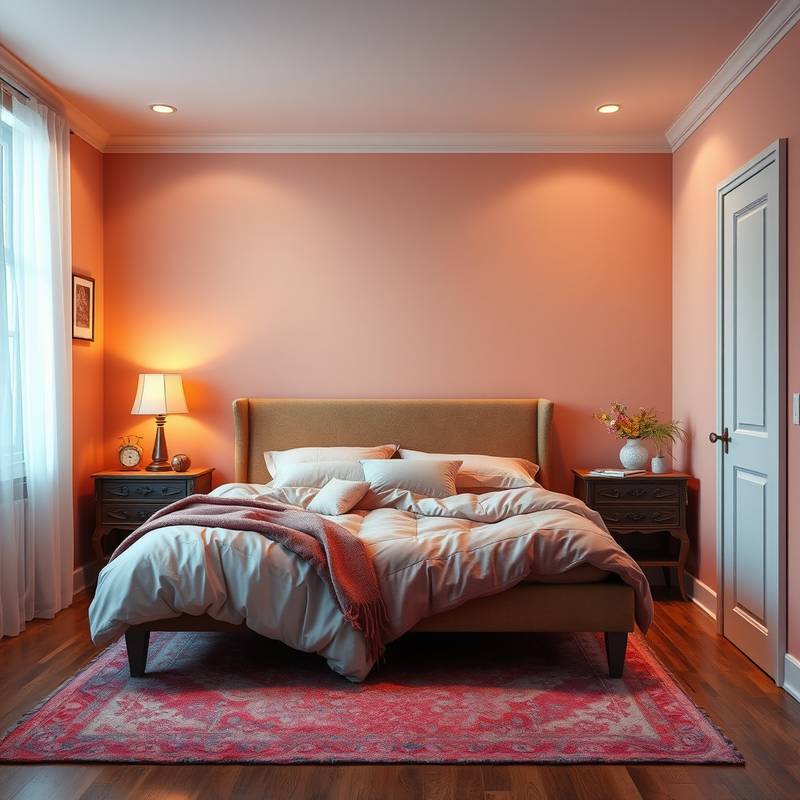 Cozy bedroom interior with warm colors, soft textures, and a comfortable bed