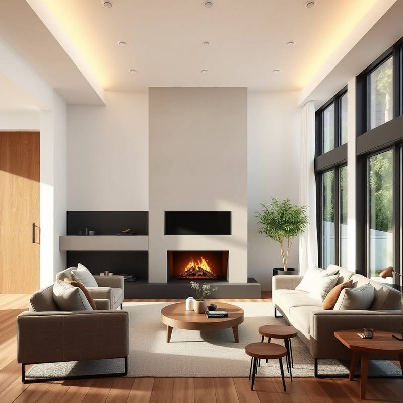 Elegant residential living room showcasing a modern fireplace and comfortable seating arrangement.