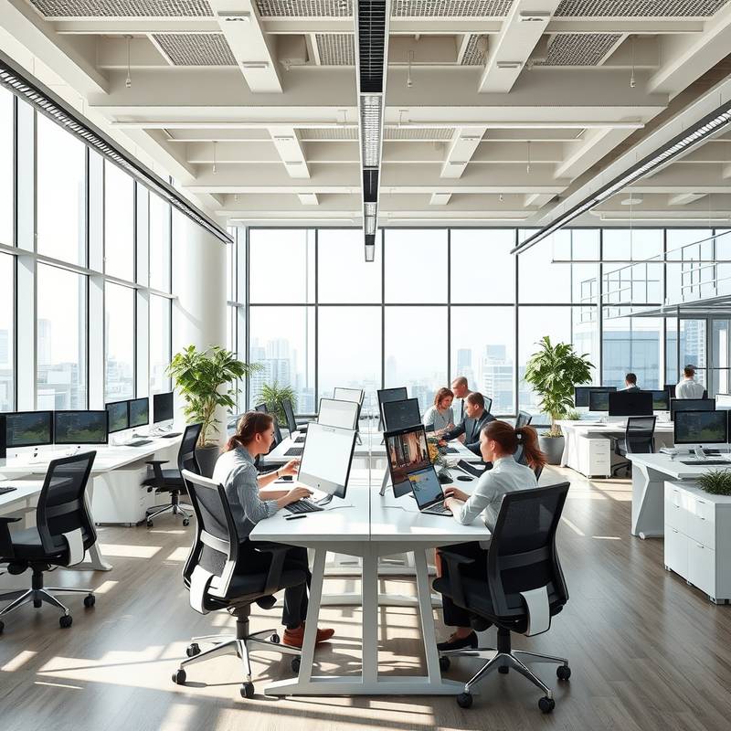 Modern and collaborative commercial office space with ergonomic workstations and natural light.